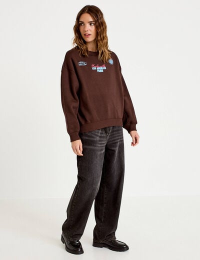 Sweat col rond manches longues marron fonc&eacute; femme