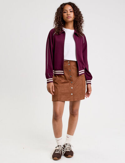 Jupe trap&egrave;ze courte aspect daim marron femme