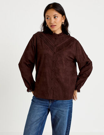 Blouse ample col montant manches longues marron fonc&eacute; femme