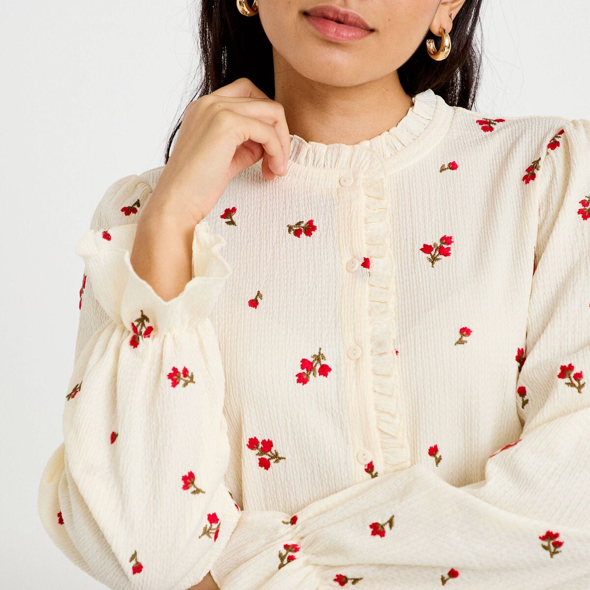 Chemise droite broderie manches longues ecru femme