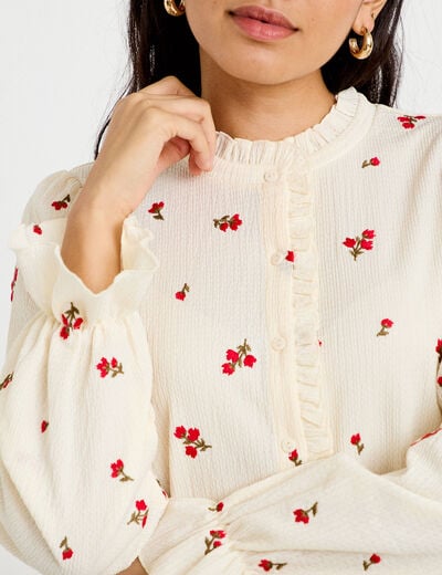 Chemise droite broderie manches longues ecru femme