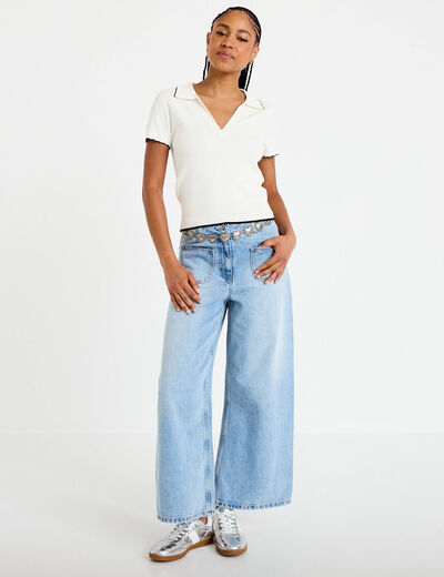 Polo ajust&eacute; manches courtes col chemise ecru femme
