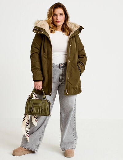 Parka &agrave; capuche fausse fourrure vert kaki femme