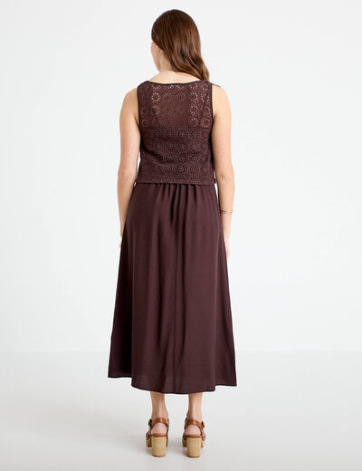 Robe longue bi-mati&egrave;re col rond marron fonc&eacute; femme