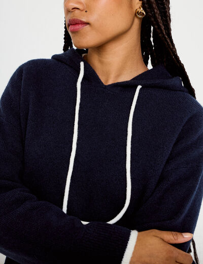 Pull &agrave; capuche bleu marine femme