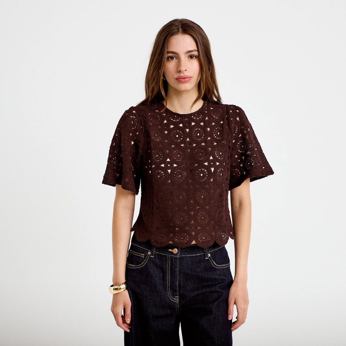T-shirt macram&eacute; col rond marron fonc&eacute; femme