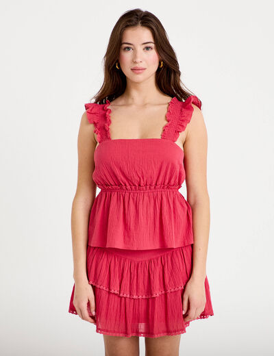 Top pliss&eacute; col carr&eacute; fines bretelles rose framboise femme