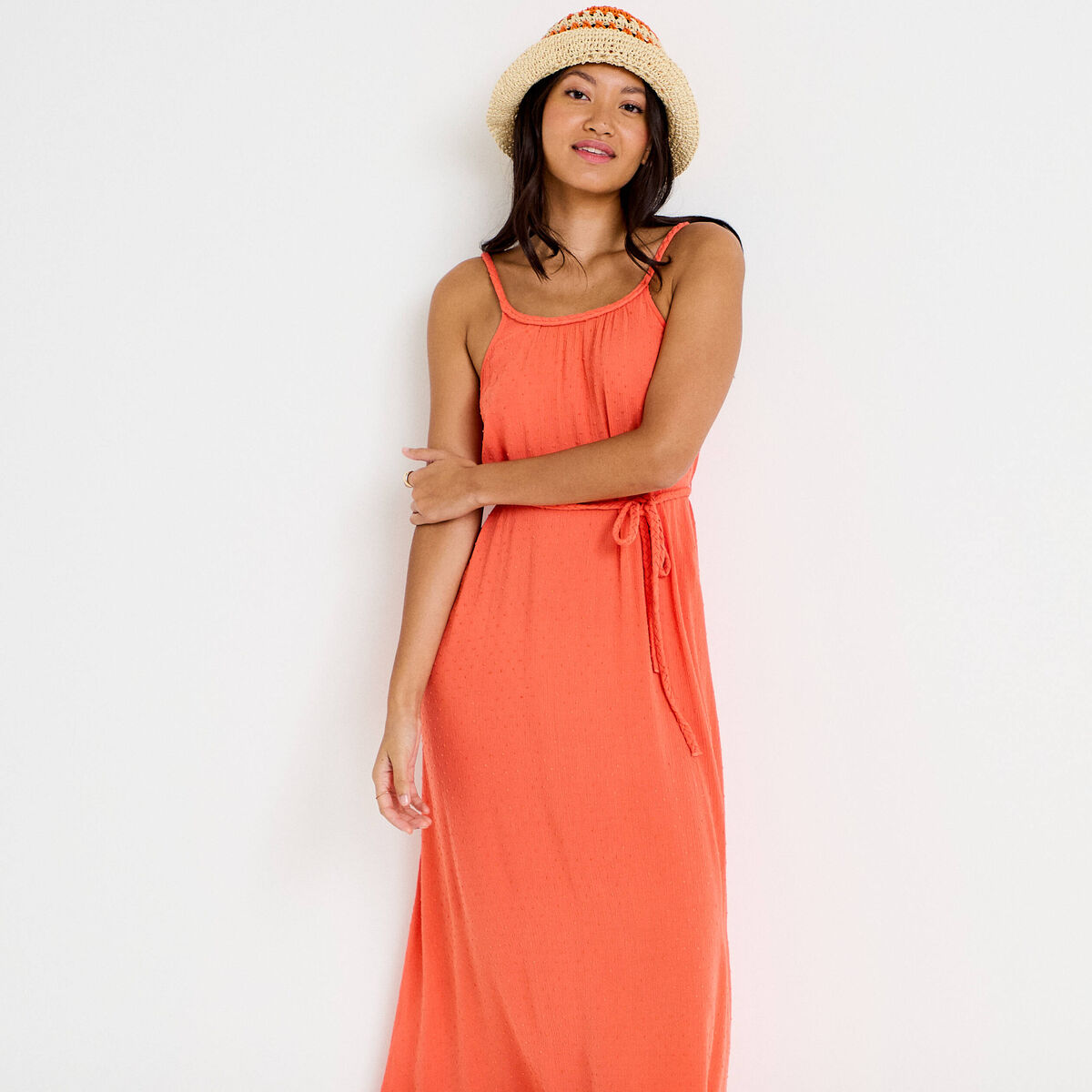 Robe longue &eacute;vas&eacute;e sans manches rouge corail femme