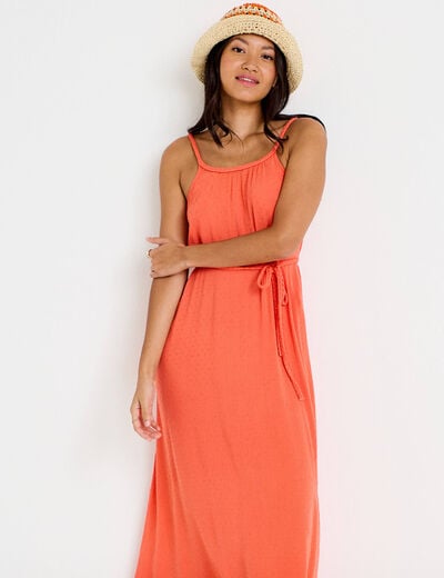 Robe longue &eacute;vas&eacute;e sans manches rouge corail femme