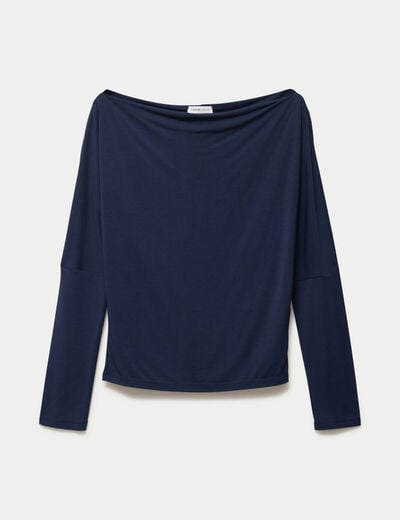 T-shirt col bateau manches longues bleu marine femme