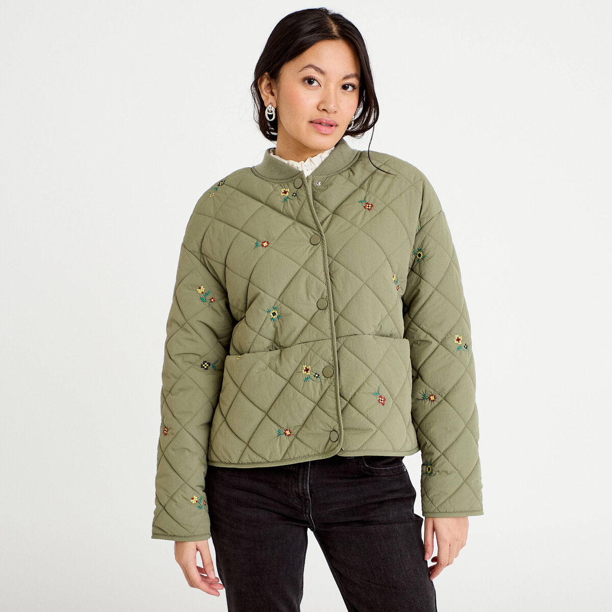 Veste matelass&eacute;e brod&eacute;e vert kaki femme