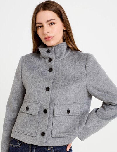 Veste courte aspect laineux gris femme