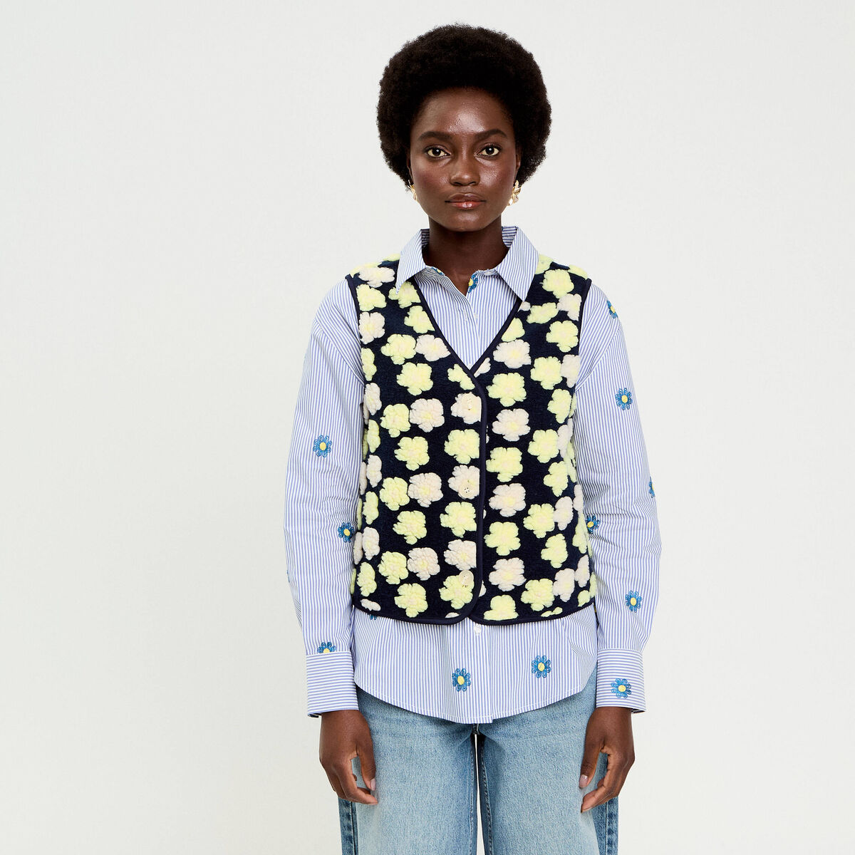 Gilet sans manches &agrave; motif effet polaire bleu marine femme