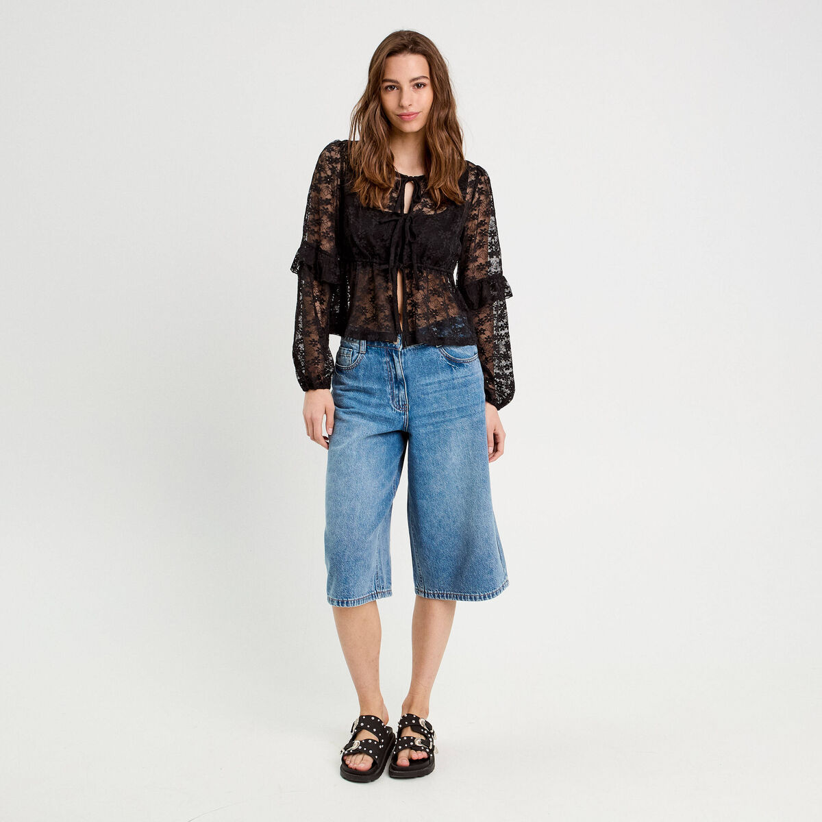 Blouse manches longues noeuds noir femme