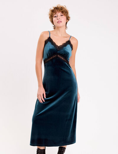 Robe longue en velours d&eacute;tails dentelle bleu canard femme