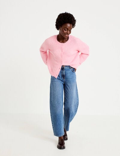 Gilet ample col rond manches longues rose femme