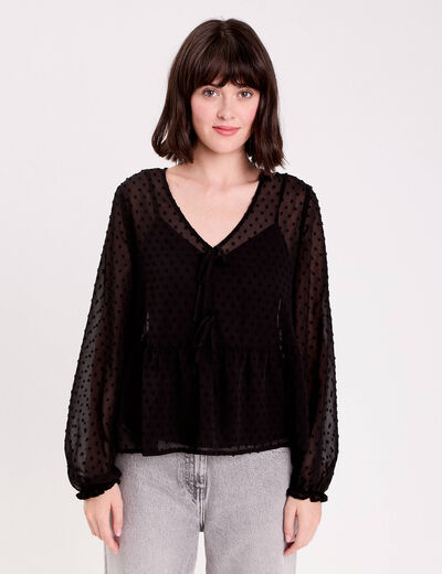 Blouse courte droite col v noir femme
