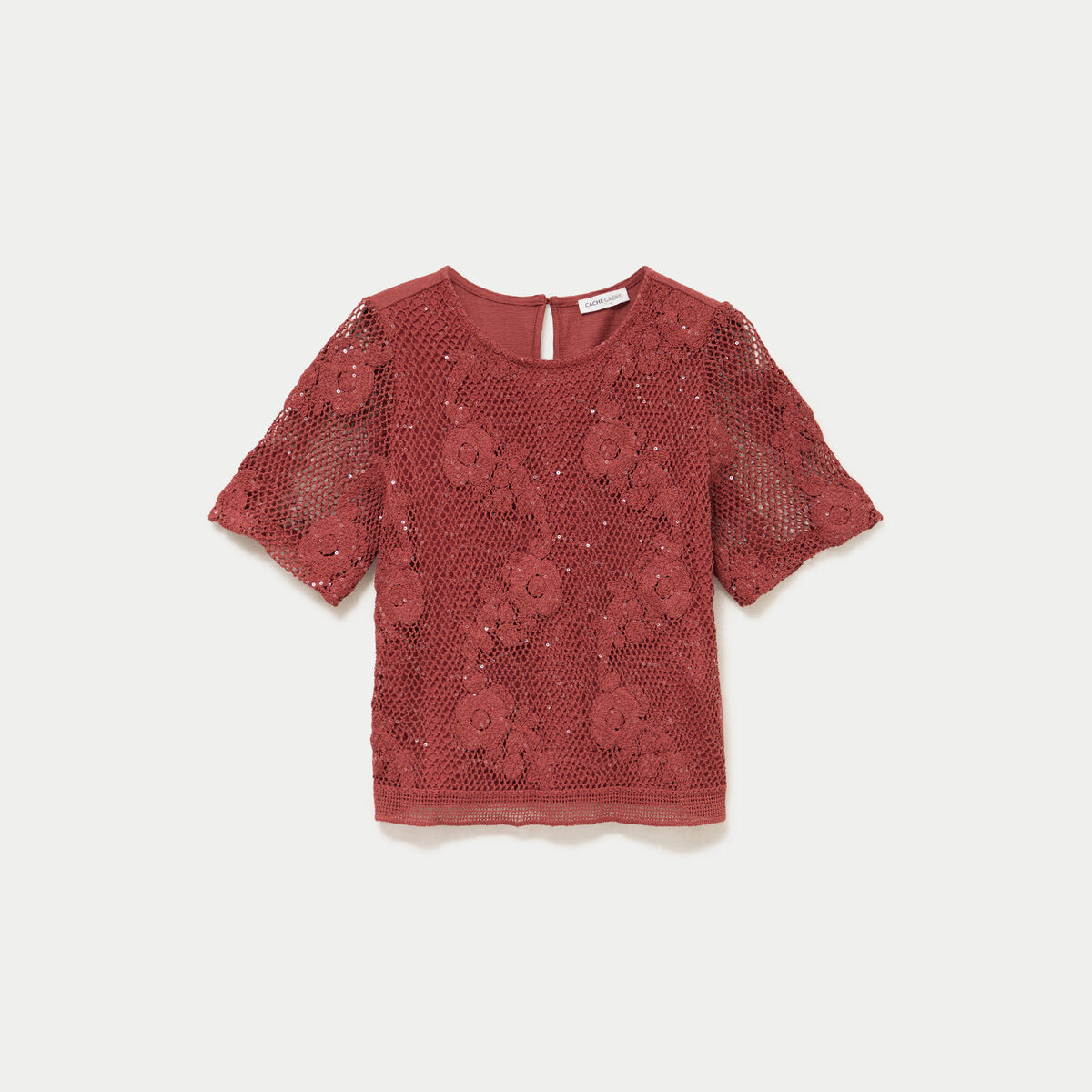 T-shirt manches courtes aspect dentelle vieux rose femme