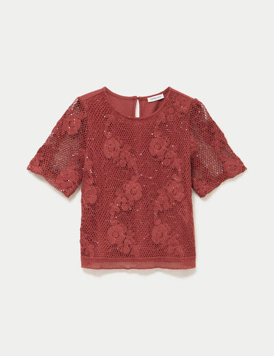T-shirt manches courtes aspect dentelle vieux rose femme