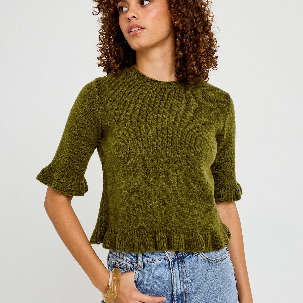 Pull col rond manches courtes vert fonc&eacute; femme