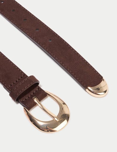 Ceinture fine aspect daim marron fonc&eacute; femme