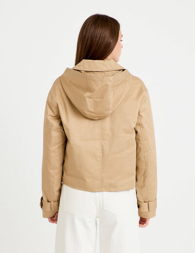 Trench droit court &agrave; capuche amovible beige femme