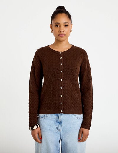 Gilet ajour&eacute; manches longues dentelle marron fonc&eacute; femme