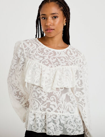Blouse en dentelle manches longues ecru femme