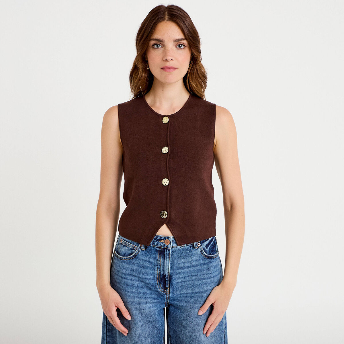 Gilet sans manches cropped marron fonc&eacute; femme