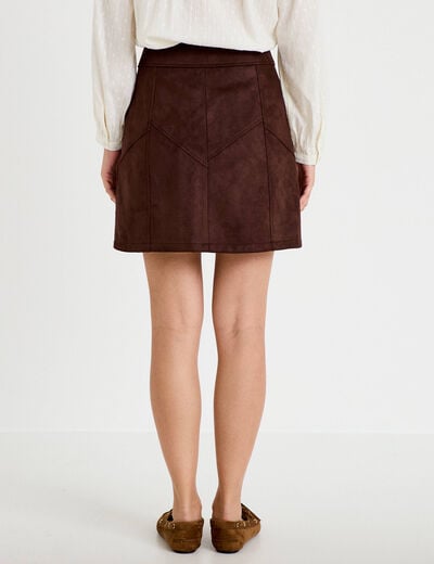 Jupe trap&egrave;ze courte aspect daim marron fonc&eacute; femme