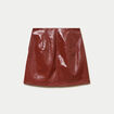 Jupe droite courte en similicuir marron cognac femme