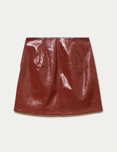 Jupe droite courte en similicuir marron cognac femme