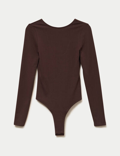 Body cintr&eacute; manches longues bateau marron fonc&eacute; femme