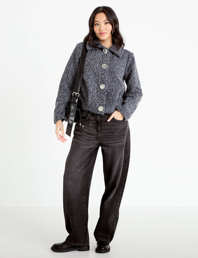Veste manches longues col tailleur gris fonc&eacute; femme