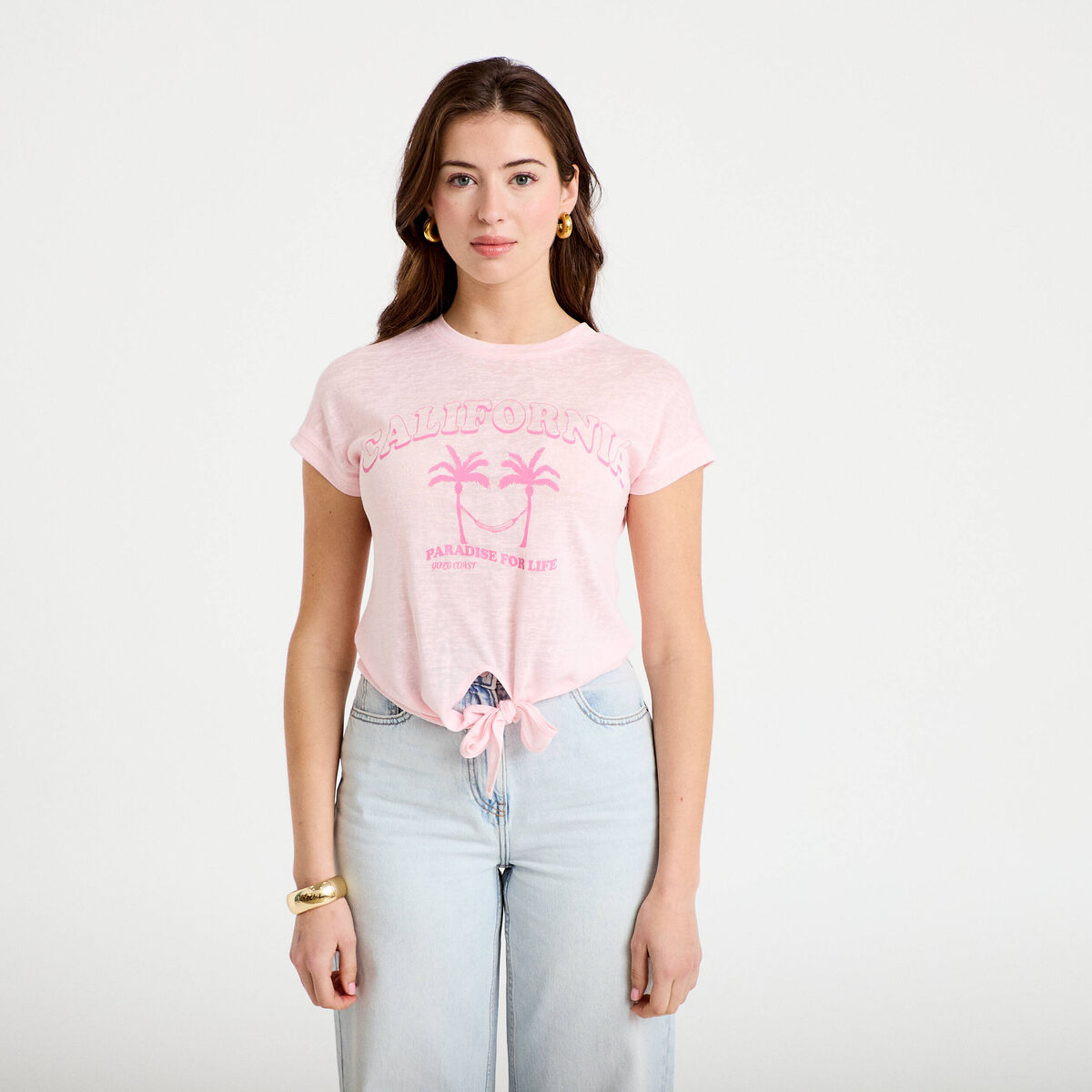 T-shirt droit cropped manches courtes rose clair femme
