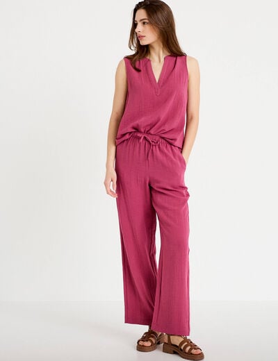 Pantalon large taille haute en cr&ecirc;pe prune femme