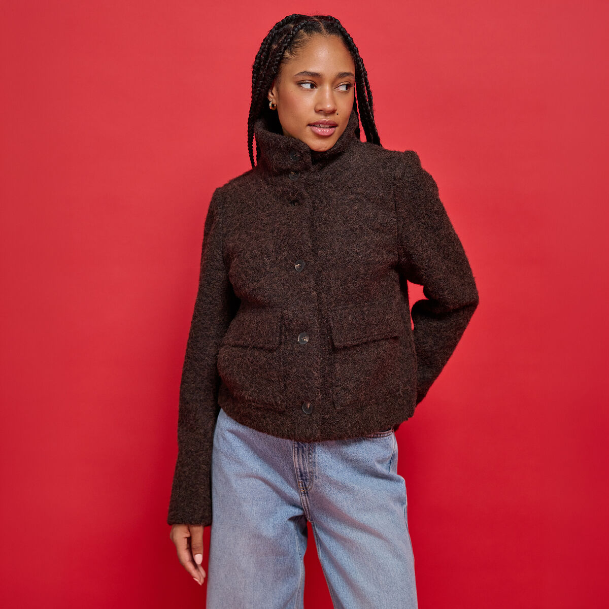 Veste droite bouclette col montant marron fonc&eacute; femme