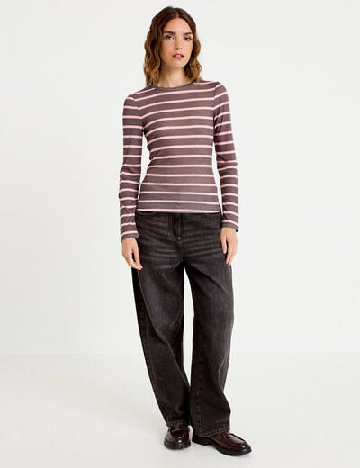 T-shirt ajust&eacute; col rond manches longues marron fonc&eacute; femme