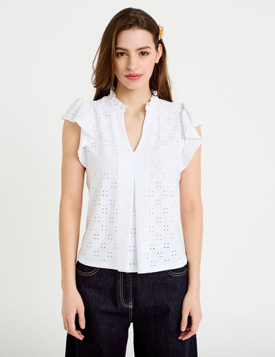 Blouse ajour&eacute;e col v manches courtes ecru femme