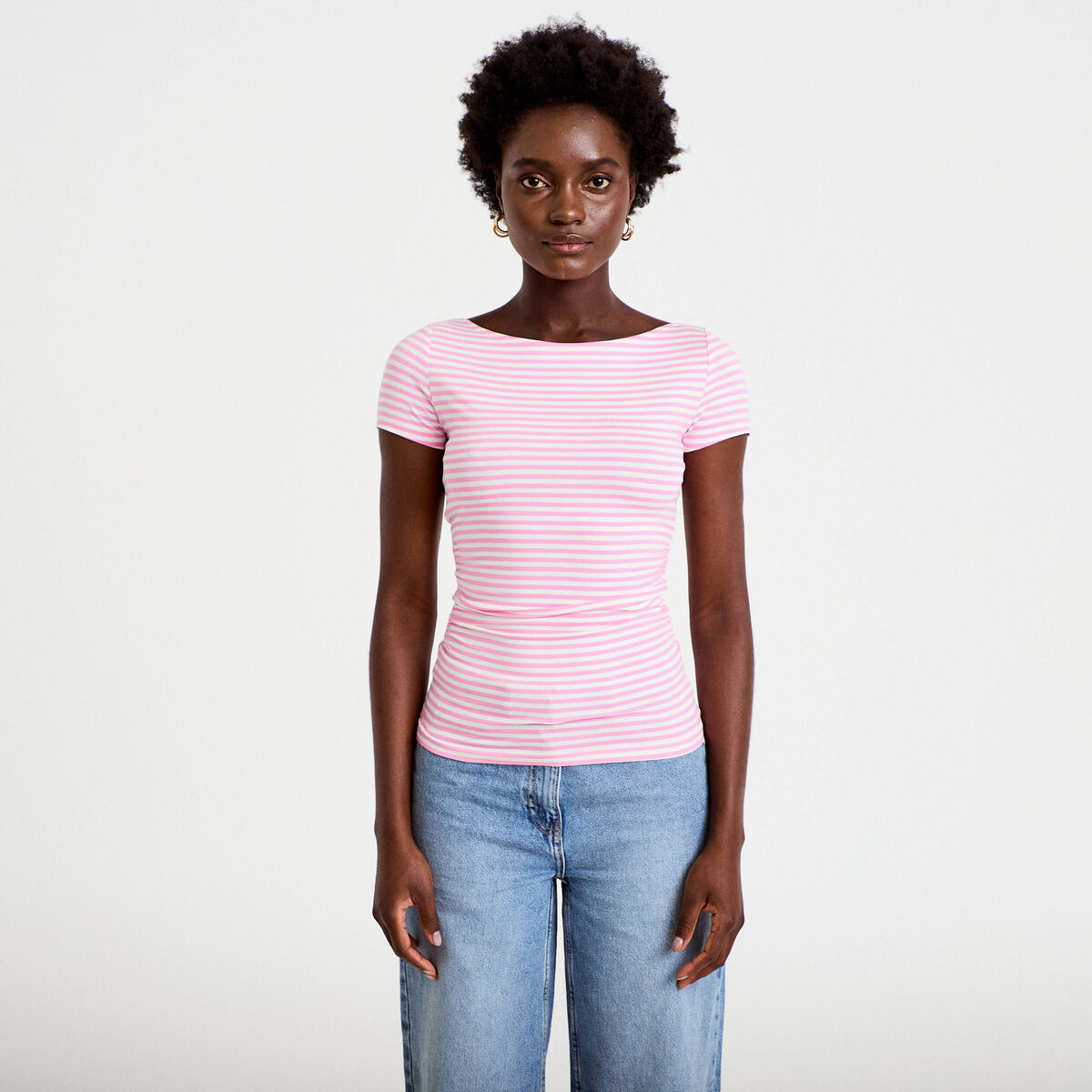 Top ajust&eacute; col bateau manches courtes rose clair femme