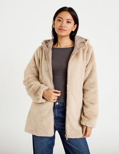Parka r&eacute;versible 3/4 &agrave; capuche beige femme