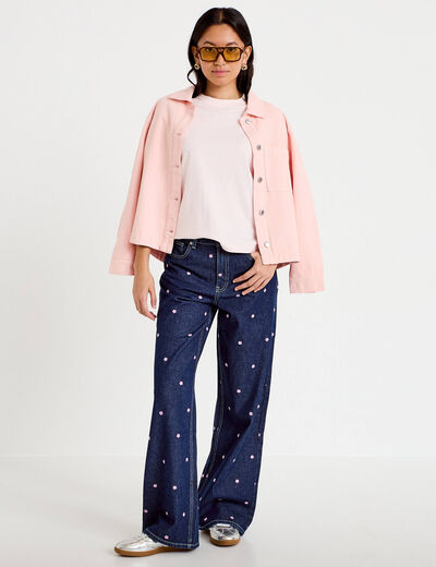 Jean wide leg taille haute brod&eacute; bleu fonc&eacute; femme