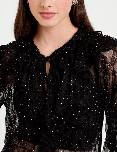 Blouse dentelle manches longues noir femme