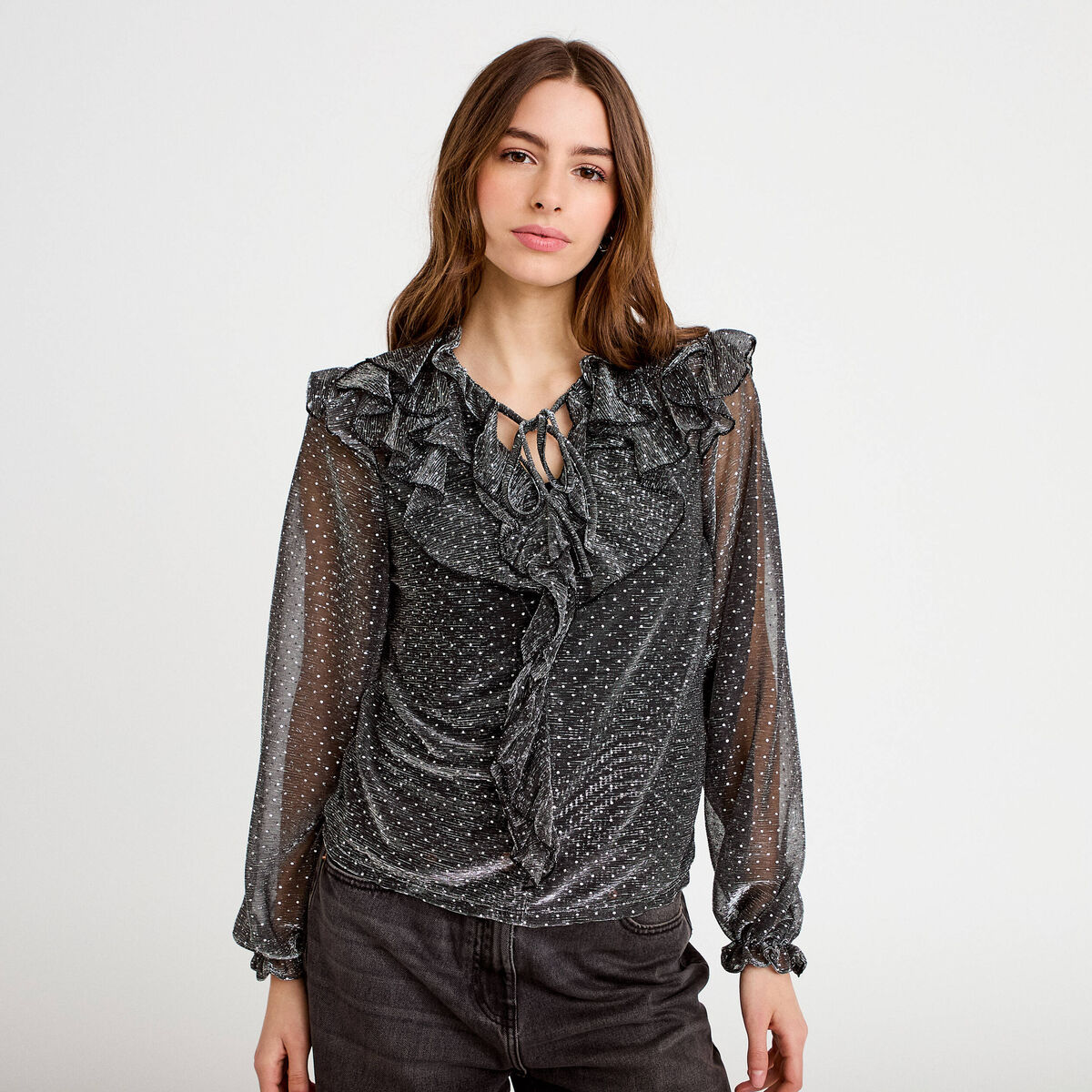 Blouse voile transparent paillet&eacute; gris argent femme
