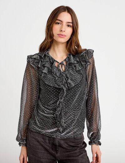 Blouse voile transparent paillet&eacute; gris argent femme