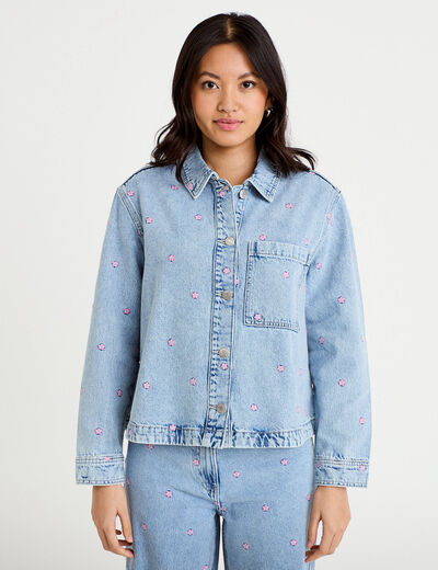 Surchemise denim broderies fleurs bleu fonc&eacute; femme
