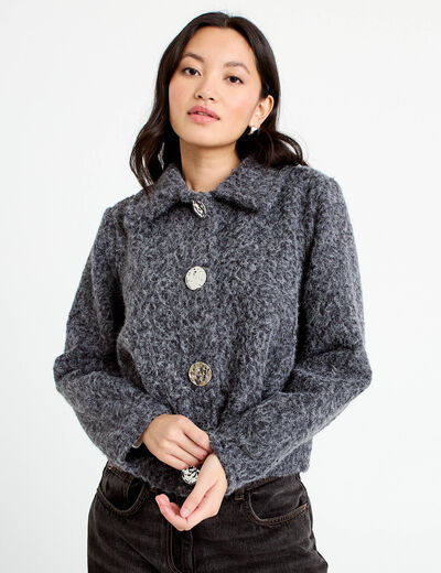 Veste manches longues col tailleur gris fonc&eacute; femme