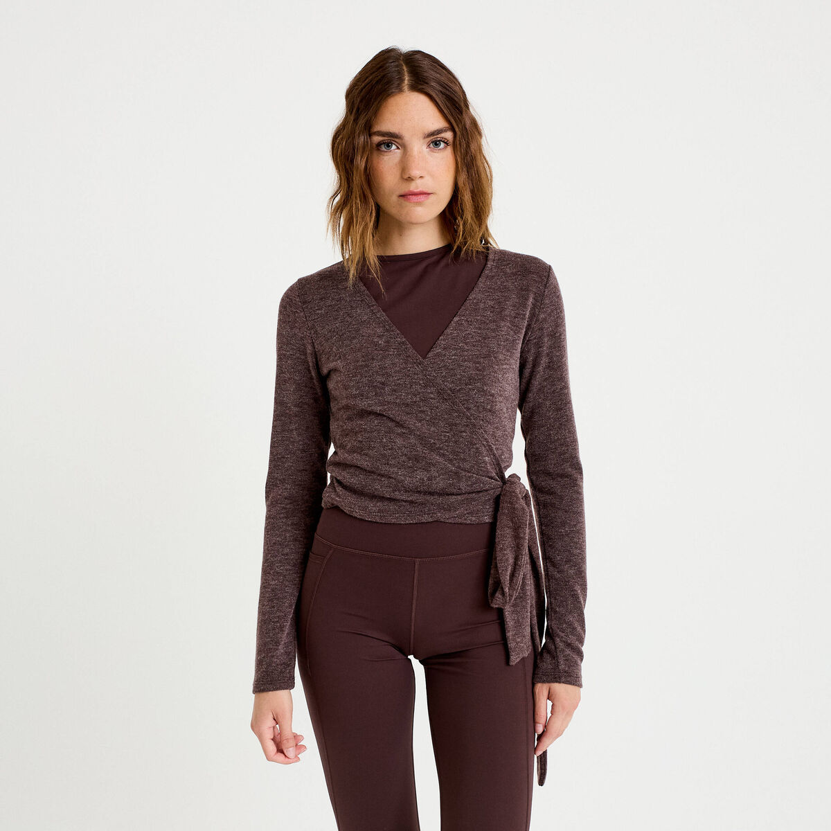Cache-coeur droit manches longues marron clair femme