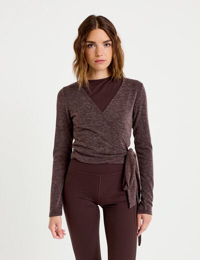 Cache-coeur droit manches longues marron clair femme