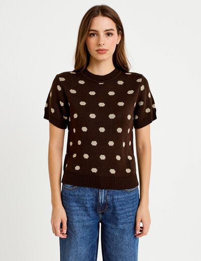 Pull cintr&eacute; col rond manches courtes marron fonc&eacute; femme